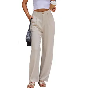 Women's Summer Cotton Linen Pants Wide Leg Casual Pants High Waist Beach Business Work Dressy Trouser Linen Blend Comfy Wide Straight Leg Pants