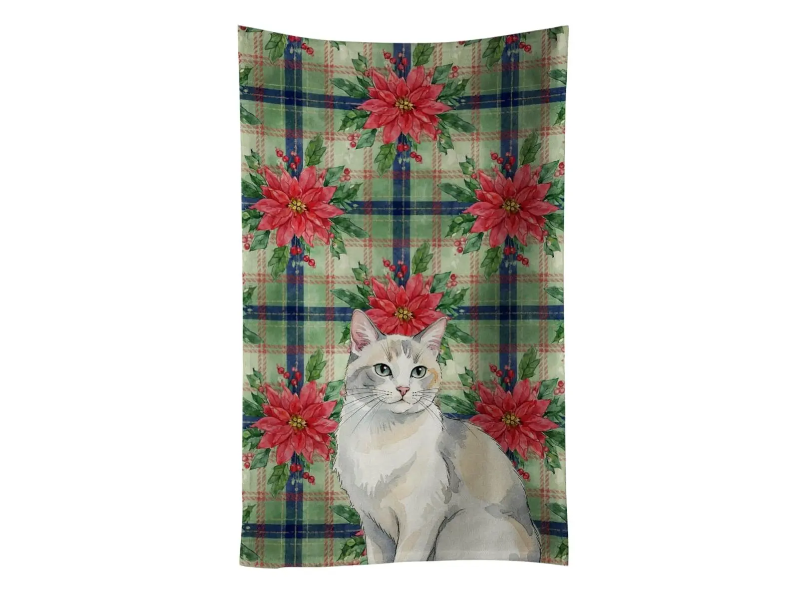 Carolines Treasures FNT1295KTWL Soft Multifunctional Cotton Kitchen Drying Towel for Cleaning, 25x15 in, with Cozy Christmas Dilute Calico Cat & Flower Poinsettias Artwork