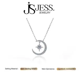 ��#529��0.5ct Round Brilliant Cut Stars and Moon Real Synthetic Moissanite Pendant Necklace S925 Sterling Silver Jewelry