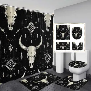 Western Cowboy Skull Bath Shower Curtain Set with Hooks Hanging, Includes Bathroom Mat, Toilet Lid Cover, U-Shaped Pad, Ideal Gift for Home Decor