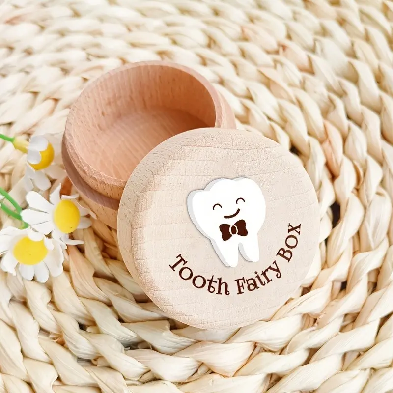 1 wooden tooth sprite box with 3D white tooth pattern design, tooth preservation box, tooth storage box, tooth box, tooth collection box, souvenir storage box, birth souvenir, home decoration