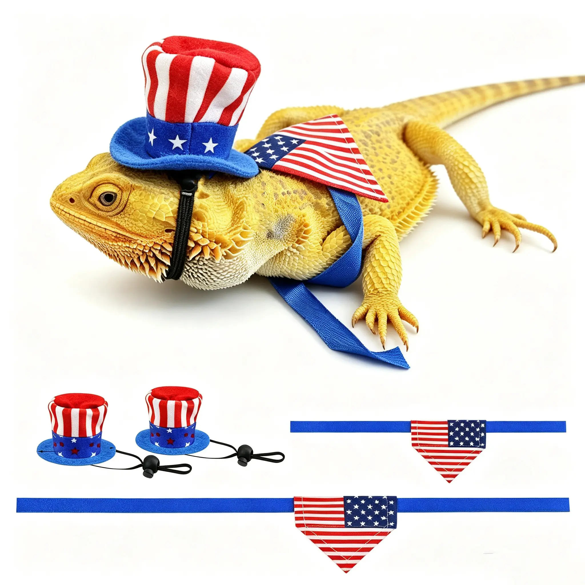 Bearded Dragon 4-Pcs Handmade Polyester-Cotton Clothes Set - Small Soft Fabric Outfits for Reptiles & Amphibians with Triangle Elastic Straps, Uncle Sam Hats, American Flag Hats