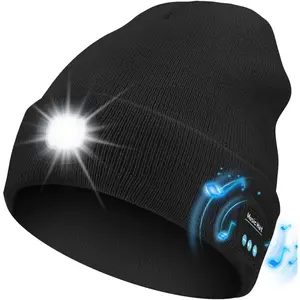 USB Warm Hat Hand Free Headlamp Rechargeable Unisex Bluetooth Beanie Light Cordless Headphones LED Flashlight Knit Skull Cap Christmas Gift Men Teens Cycling Night Jogging Sport Outdoor