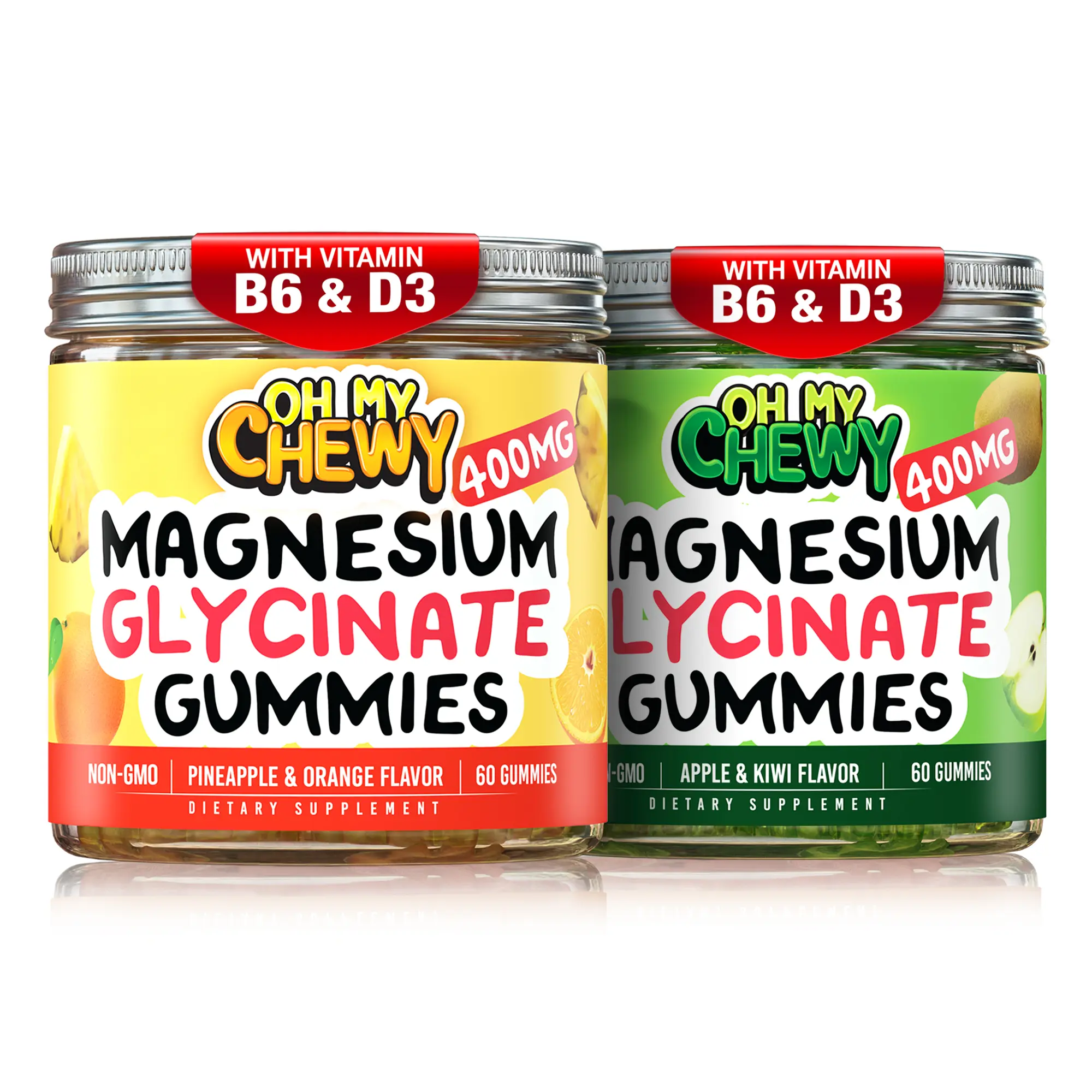 OH MY CHEWY Magnesium Glycinate Gummies Vitamin Bundle - 2 Bottles (60 Each), Apple Kiwi & Pineapple Orange Edible Daily Health Dietary Essential Minerals Supplement Snacks