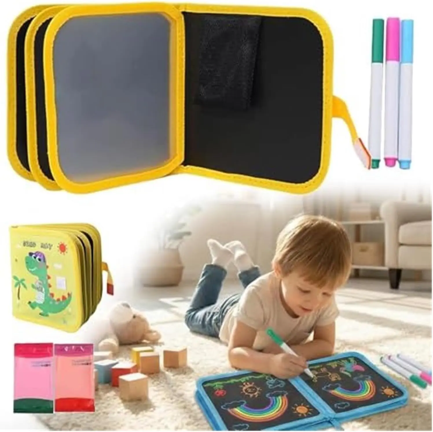 Unisex Kids' Eco-Friendly Portable Reusable Sketchbook - 6-Page Erasable Drawing Pad, Washable Markers, Storage Bag - Art for Kids, Toddlers+, Budding Artist Tool, Encourages Creativity, Ideal for Classroom Activities
