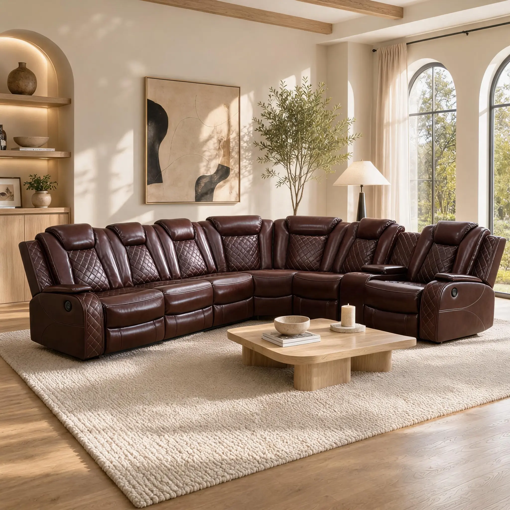 A AINEHOME Red Breathing Leather 3-Piece Living Room Recliner Sofa Set with LED Lighting and Storage Pockets
