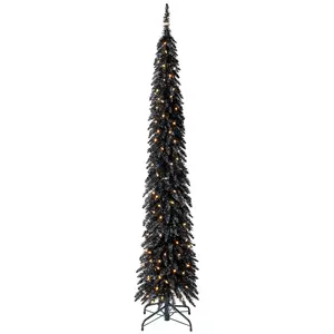 Home Heritage 7ft  Slim Black Tinsel Christmas Tree — Pre-Lit with 150 Warm White LED Lights and 457 Branch Tips