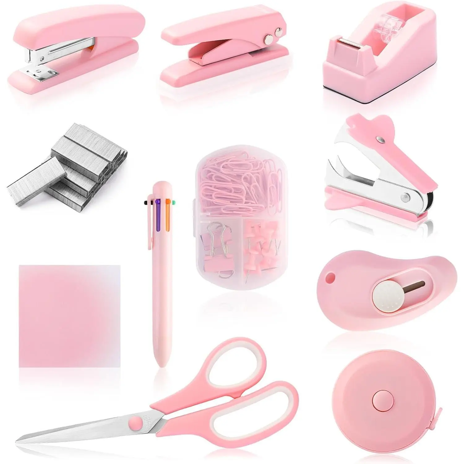 Desk Accessory Kit Cute Office Supplies Set Desktop Stapler Set Includes Staple Remover Hole Punch Tape Dispenser Ballpoint Pen Scissor Mini Box  Tape Measure Paper Clips Sticky Notes