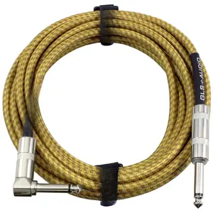 Instrument  - Amp Cord for Bass & Electric Guitar - Straight to Right Angle 1/4 Inch Instrument  - Brown/Yellow Braided Tweed, 20ft