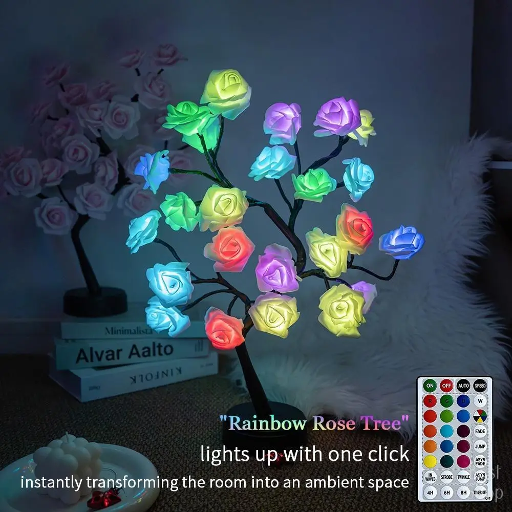 Rose Flower Tree LED Cordless Lamp - Remote-Controlled Decorative Atmosphere Light, Dual Power Ambient Night Light for Bedroom Indoor Recreation Home Decor, Colorful Lighting, Bedroom Led Lights