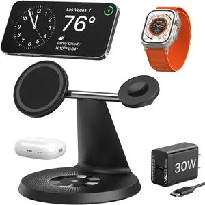 Charging Station for Apple Multiple Devices, for MagSafe Charger Stand, Wireless Charger for MagSafe 3 in 1 for iPhone 16 15 14 13 12 Series, Apple Watch, AirPods Pro/3/2 (30W Adapter Included)