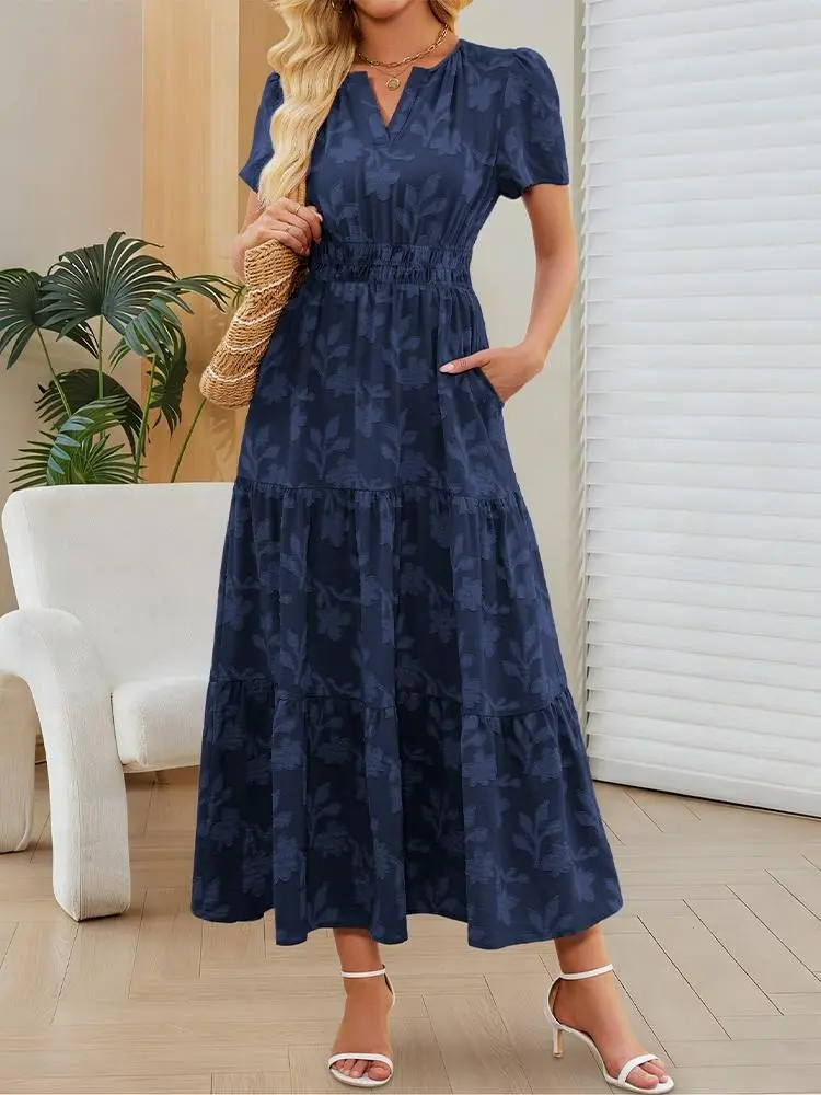 Women's Casual Short-Sleeve Burnout Floral Maxi Dress - V-Neck, Smocked Empire Waist, A-Line, Elegant Wedding Guest Dress with Pockets, Shortsleeve