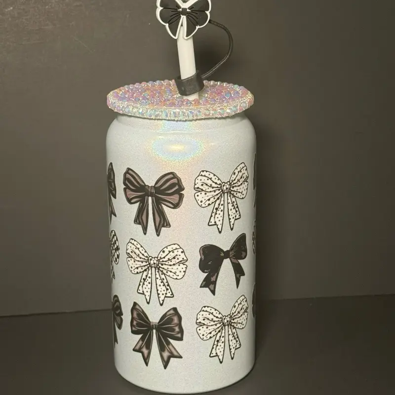 16oz Black and White Stainless Steel Bow Cup with Sparkly Lid and Elegant Bow Design