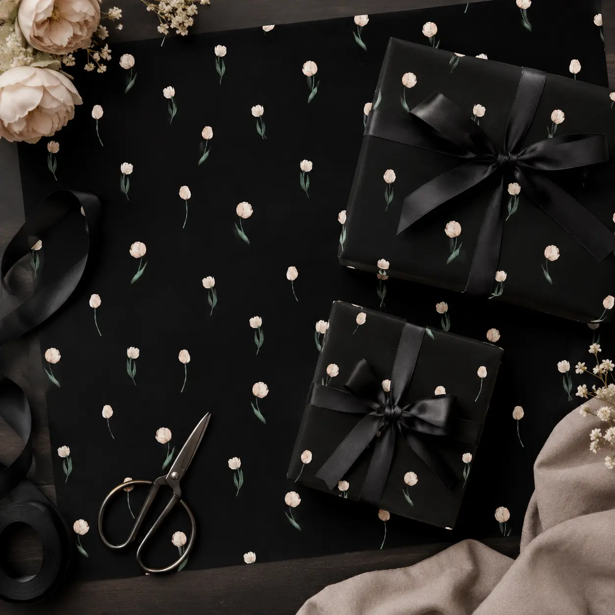 Minimalist Black Tulips Gift Wrapping Paper Sheet - Modern Dark Floral Pattern Gift Wrap for Birthday Valentines Day Anniversary