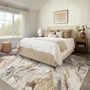 5x7 Machine Washable Runner Rug, Non-Slip Floor Carpet, Modern Abstract Bedside Rug, Low Pile Foldable Area Rug, Soft Rug for Entryway, Bathroom, Laundry Room, Brown