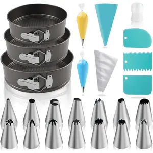 122Pcs Cake Pan Baking Set includes 7/8/9 Inch Round Nonstick Springform Cake Pans for Cheesecake, with 100 Piping Bags, 16 Nozzles and 3 Scrappers