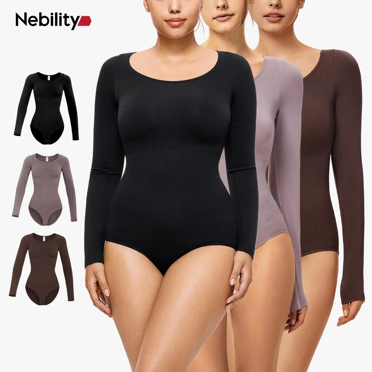 Nebility Women's Seamless Long Sleeve Round Neck High Stretch Compression Bodysuit - Shapewear for Fitness, Waist Shaping, Minimalist Style