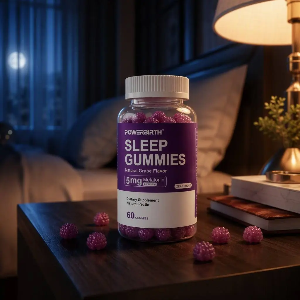 Sleep gummies, melatonin gummies, POWERBIRTH melatonin gummies, sleep support, sleep aid dietary supplement, natural grape flavor, soy-free and gluten-free