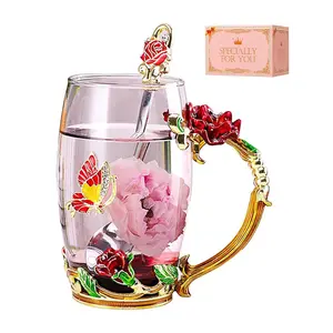 Enamel Butterfly Flower Glass Tea Cup Rose Red Coffee Mug for Women Handmade Vintage Elegant Tumbler for Mothers Day Anniversary Christmas Valentines Gifts Round Drinkware