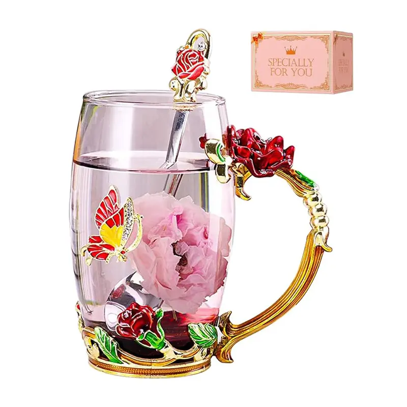 Handmade Enamel Butterfly Flower Glass Tea Cup - Rose Red Vintage Elegant Tumbler, Women's Coffee Mug, Kitchen Drinkware for Outdoor Use, Curated Gifting Option for Women & Moms Including Cute Mother's Day Ideas, Mothers Day Gift Ideas, Gifts For Women
