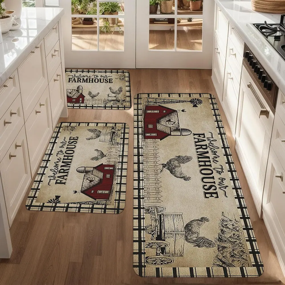 Vintage Farmhouse Rooster Kitchen Mat Set, 1/2-Piece Rustic Red Barn & Wheat Print, Multi-Size Absorbent Barn-Themed Rugs, Machine-Washable Stain-Resistant Polyester Floor Decor for Kitchen, Entryway, Absorbent Kitchen Rugs, Barn-Themed Kitchen Rugs