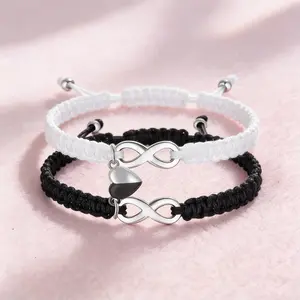 Popular Infinity Cross Heart Magnetic Clasp Bracelet Stainless Steel Couple Braided Black and White Wristband
