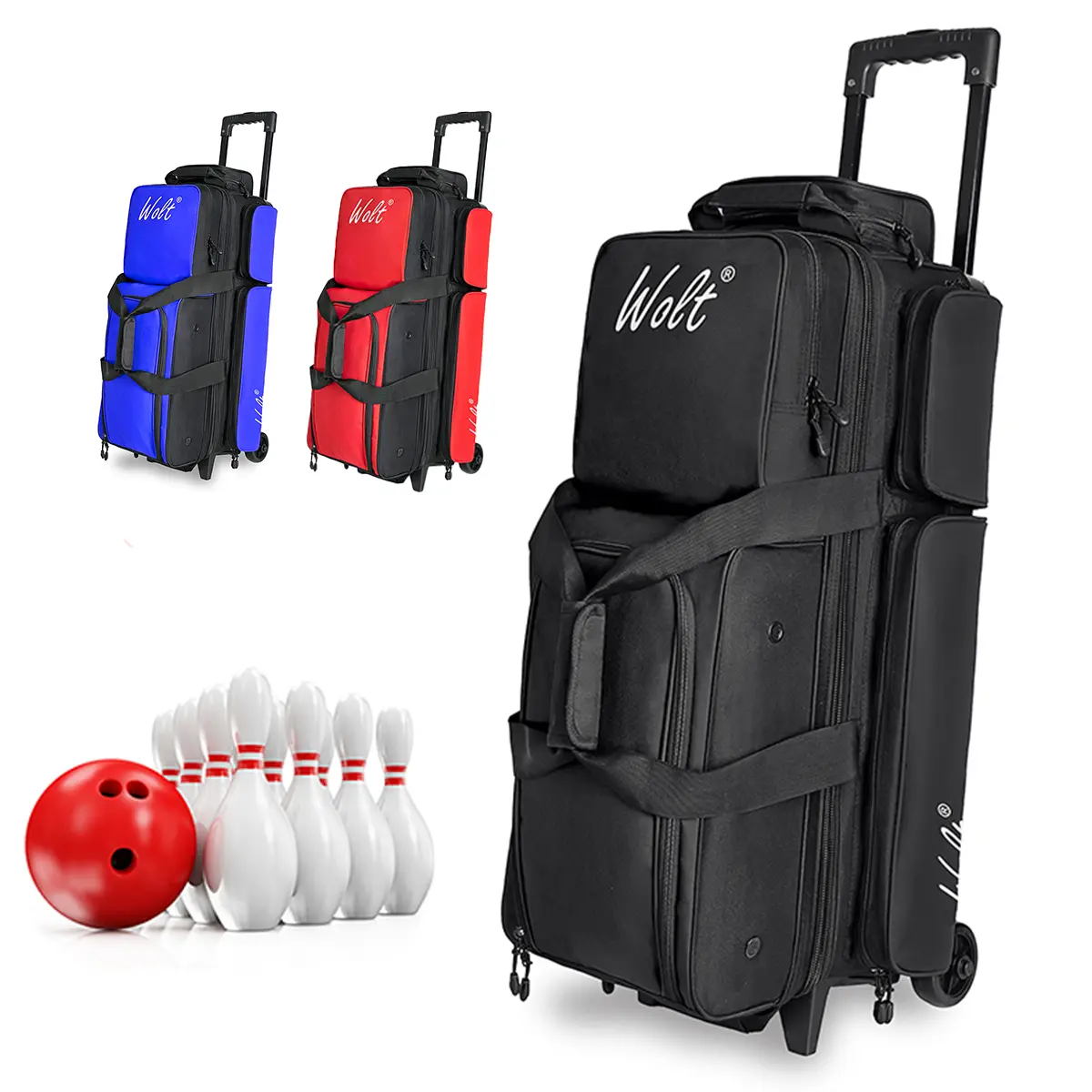 Wolt 3-Ball Bowling Roller Bag for Pro Tournament Travel, Heavy-Duty 600D Polyester Duffle with XL Shoe Compartment, 38-in Retractable Handle & Wide Wheel Base, Ball Set, Retract Handle, Wide Base, Bowling Bag, Youth, Synthetic, Padded Divider, Zippered T