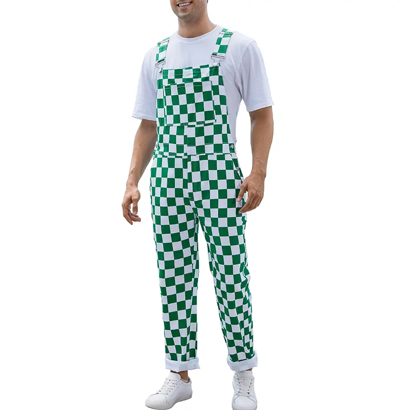 Yuanbang Christmas Mens Checkered Overalls Sleeveless Adjustable Denim Bibs Stretch Straight Leg Coveralls Plaid Jean Jumpsuit Cute Pants