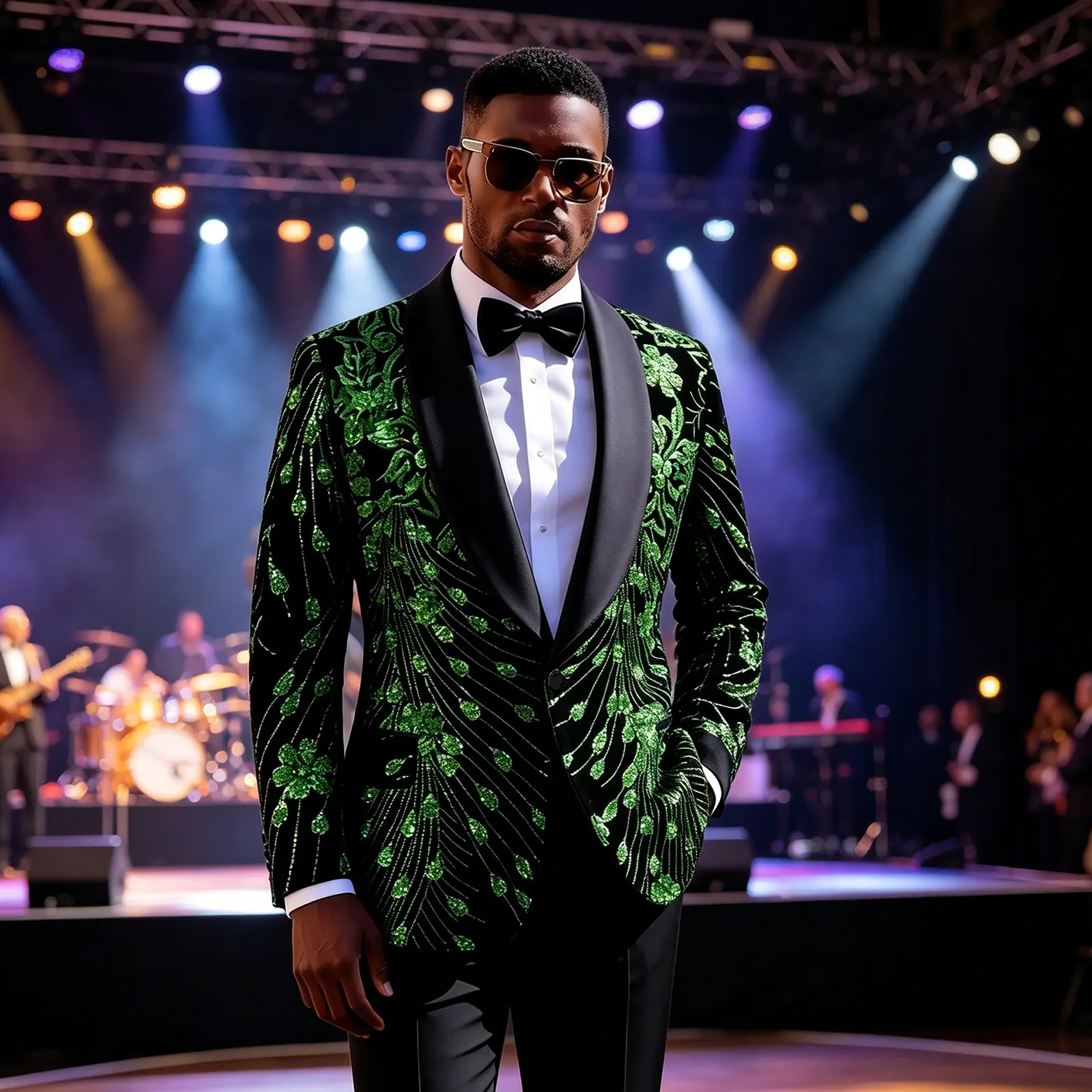 Men's Formal Classic Elegant Black Velvet Tuxedo Jacket - Slim-Fit Menswear with Green Sequin Peacock Embroidery for Prom, Wedding, Nightclub, Tie, Fashion, Long Sleeve, Blazer, Plush, Dress, Pants, Fabric