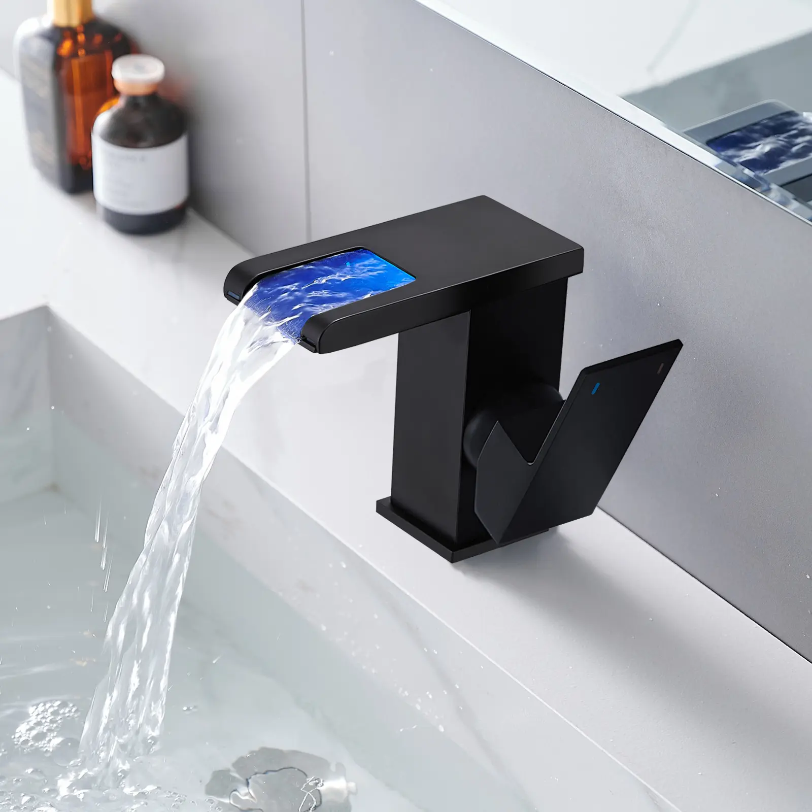 BESY Modern Rust-Resistant LED Stainless Steel Black Waterfall Bathroom Faucet - Single-Hole Single-Handle Vanity Tap with 3-Color Temperature-Sensitive LED Lights, Durable Ceramic Cartridge, Supply Lines for Renovation, RV Sinks & Room Decor