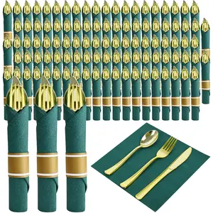 Pre Rolled  Plastic Silverware with Green Napkins, 100Pac Rolled Cutlery with Green Dinner Napkin, Heavy Duty  Plastic Silverware, Disposable Cutlery with Christmas Napkins