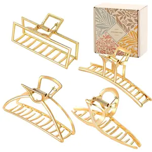 Gold Hair Claw Clips 4 Pack - French Design, Metal Cross Banana Non-Slip Hair Catch Barrette for Women with Thick Hair