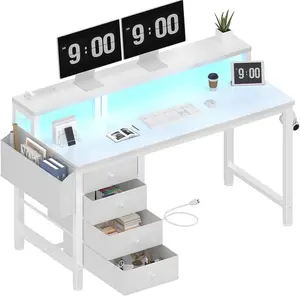 White Desk with 4 Drawers - 47 Inch Gaming Desk with Monitor Stand,