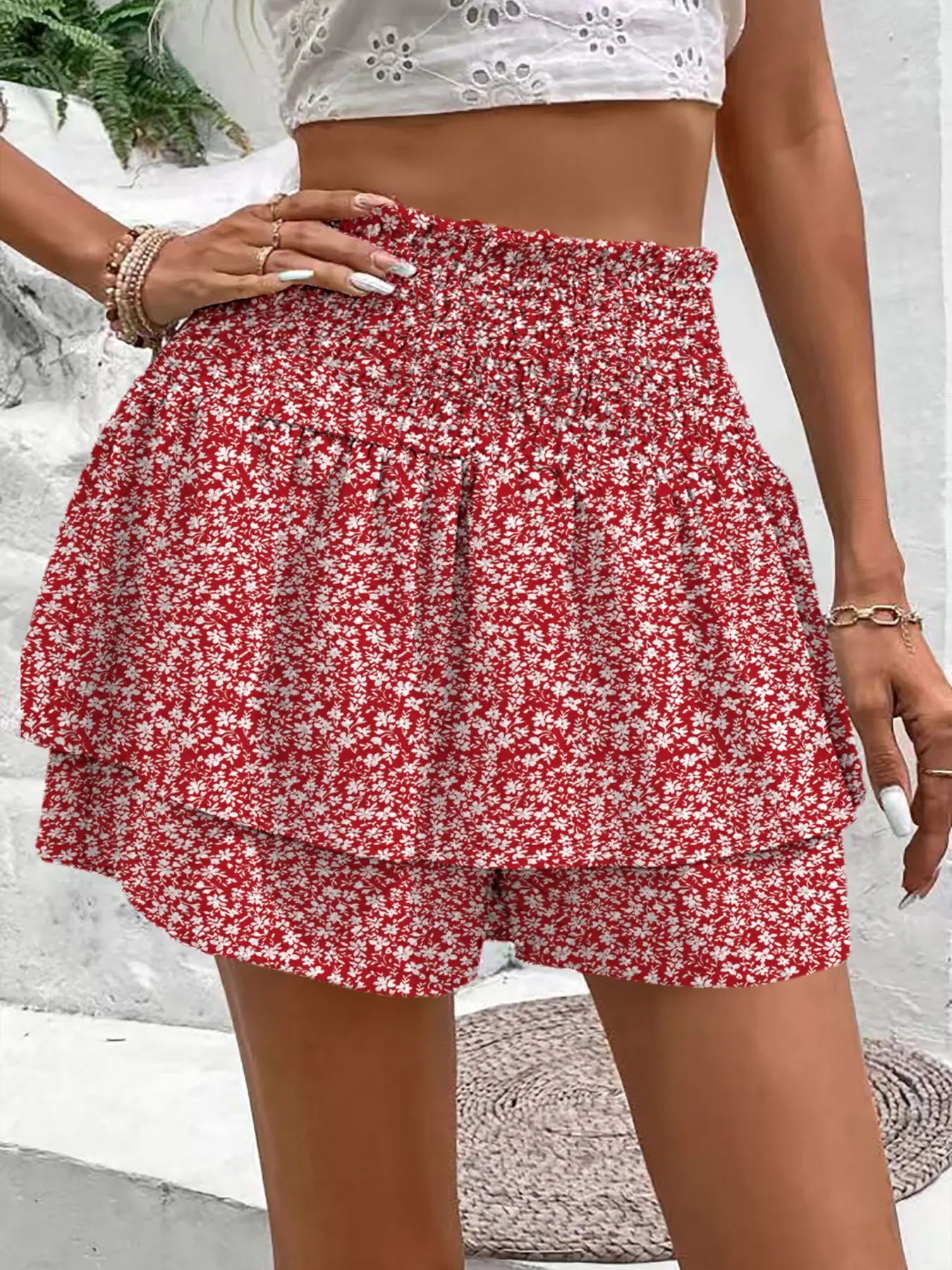Women's Boho Vacation Style Ditsy Floral Elastic High Waist Casual Fashion Skort, Womenswear, Perfect for Everyday Wear and Beach Holidays