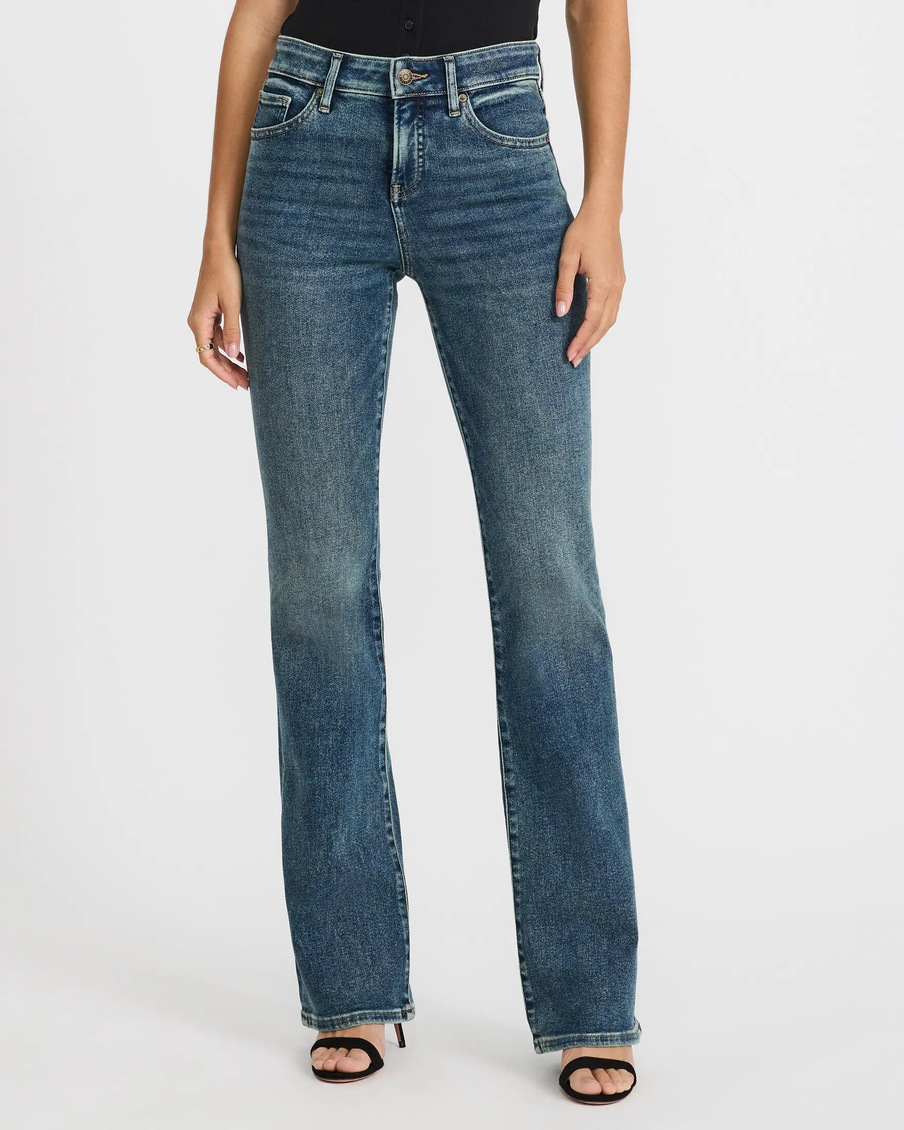 Express Hyper Stretch Women's Mid Rise Bootcut Jeans, Comfortable Fitted Bottoms in a Dark Wash, Spandex, Fabric, Leg, Pants