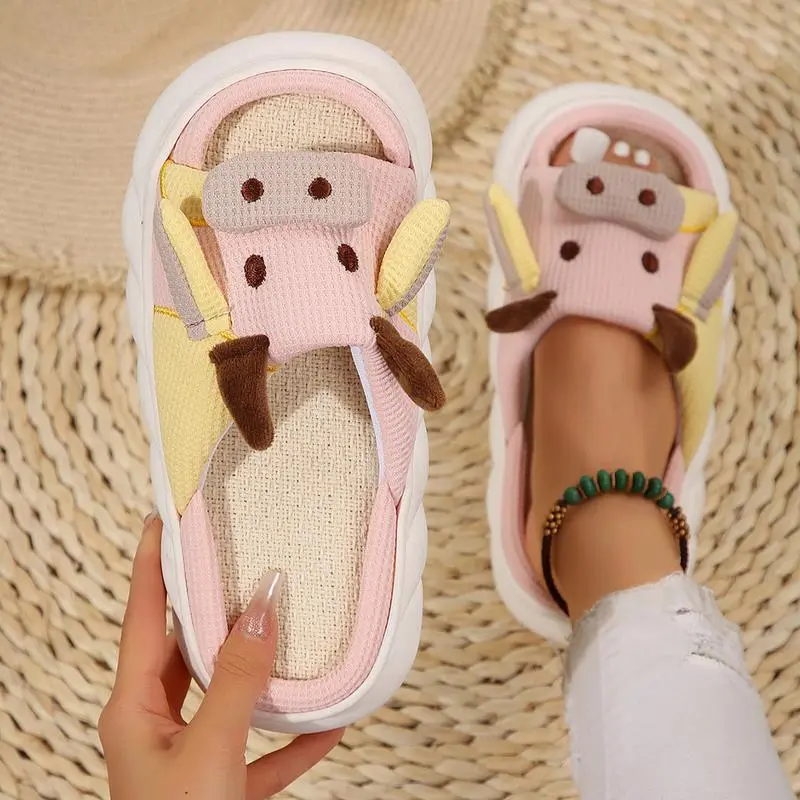 Cartoon Cow Cotton Slippers, Summer Indoor Outdoor Slippers for Women\Cow Slippers for Women/Men Indoor, Cute Cartoon Animal House Shoes, Comfortable Cotton Linen Bedroom Kawaii Cloud Slides