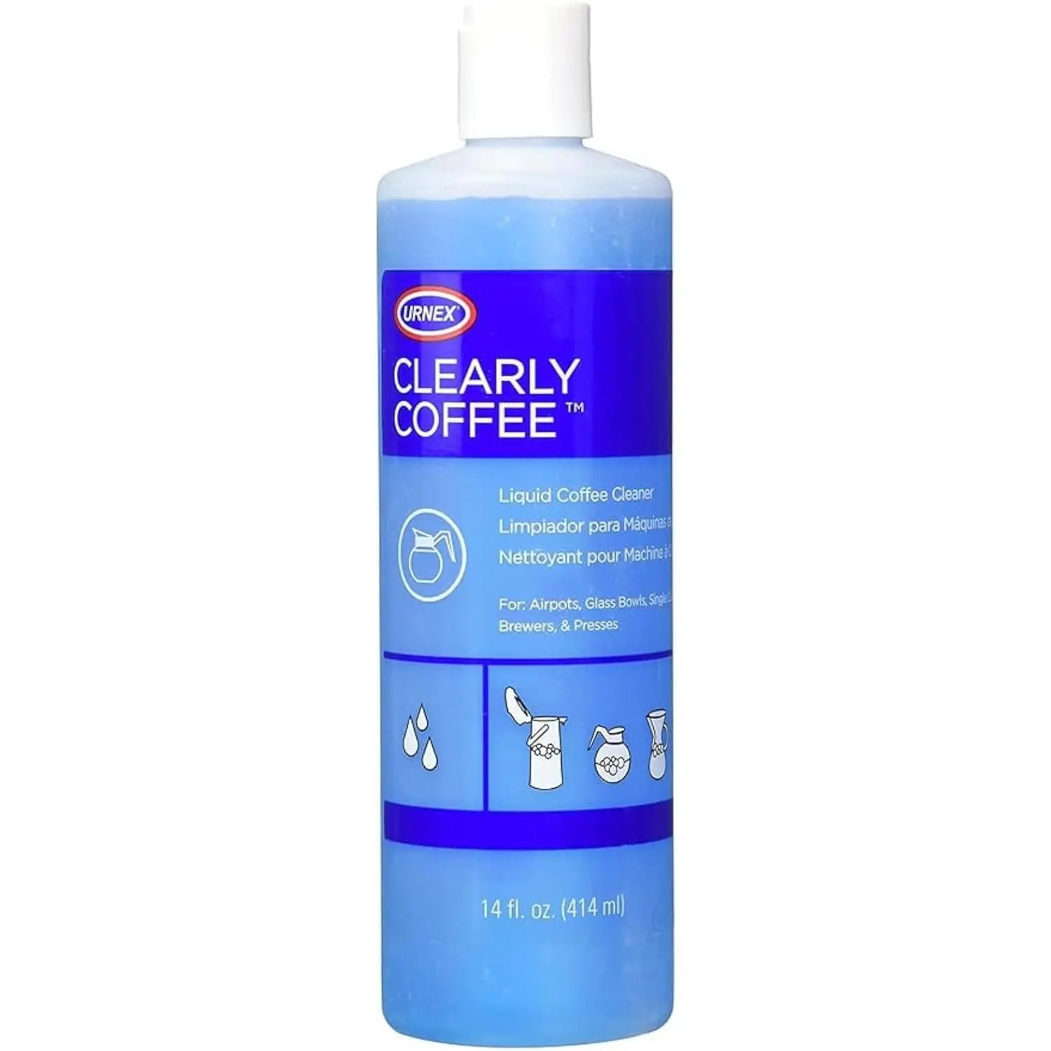Urnex Clearly Coffee Pot Cleaning Solution, 14 fl oz (400 ml) Pack of 1 Liquid Cleaner for Glass Bowls, Airpots, Thermal Servers - Coffee Accessories Maintenance Oil Cleaner Dishwashing Supplies, Made in USA for Home Users, Brewers