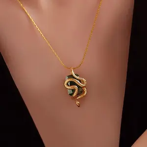 [Elegant Snake Necklace] Intricate Golden-Tone Snake Pendant Necklace | Elegant Green & Yellow Stone, Ideal for Daily Wear & Parties