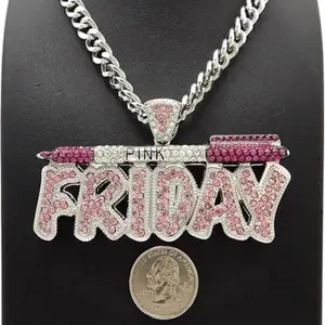 MaxBling81 Women's Iced Pink Friday Hip Hop Pendant & Cuban Choker Chain Necklace, Chain & Link Costume Jewelry for Anniversary, Daily Wear