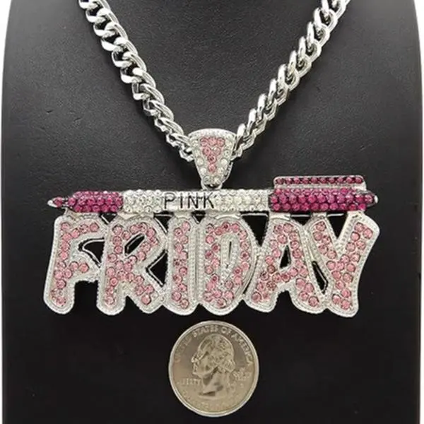 MaxBling81 Female Stylish Iced Lab Created Diamond Hip Hop Pendant Necklace - Metal Coated Cuban Chain, Link Choker, White Gold Flash, 3.5" x 2" Multi-Size Fashion Costume Jewelry Accessory for Anniversary, Daily Wear