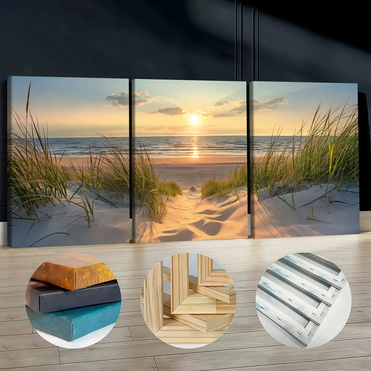 3Pcs Durable Artistic Wooden-Framed Canvas Prints - Sunset Beach Grass Dunes Wall Art, Waterproof Odourless Home Supplies, House Decor for Living Room, Kid Room, Decor Inspo
