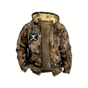 Men'S Camouflage Leaf Print Hooded Jacket with Fleece Lining - Casual Zip-Up Winter Outerwear, Camo Jacket, Warm Autumn Winter Wear