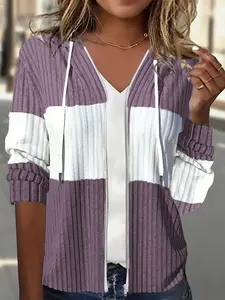 Women's Color Block Drawstring Zip-Up Hooded Jacket Fit, Casual Lightweight Outerwear for Everyday Style, Trendy Fashion for Spring & Fall, Womenswear