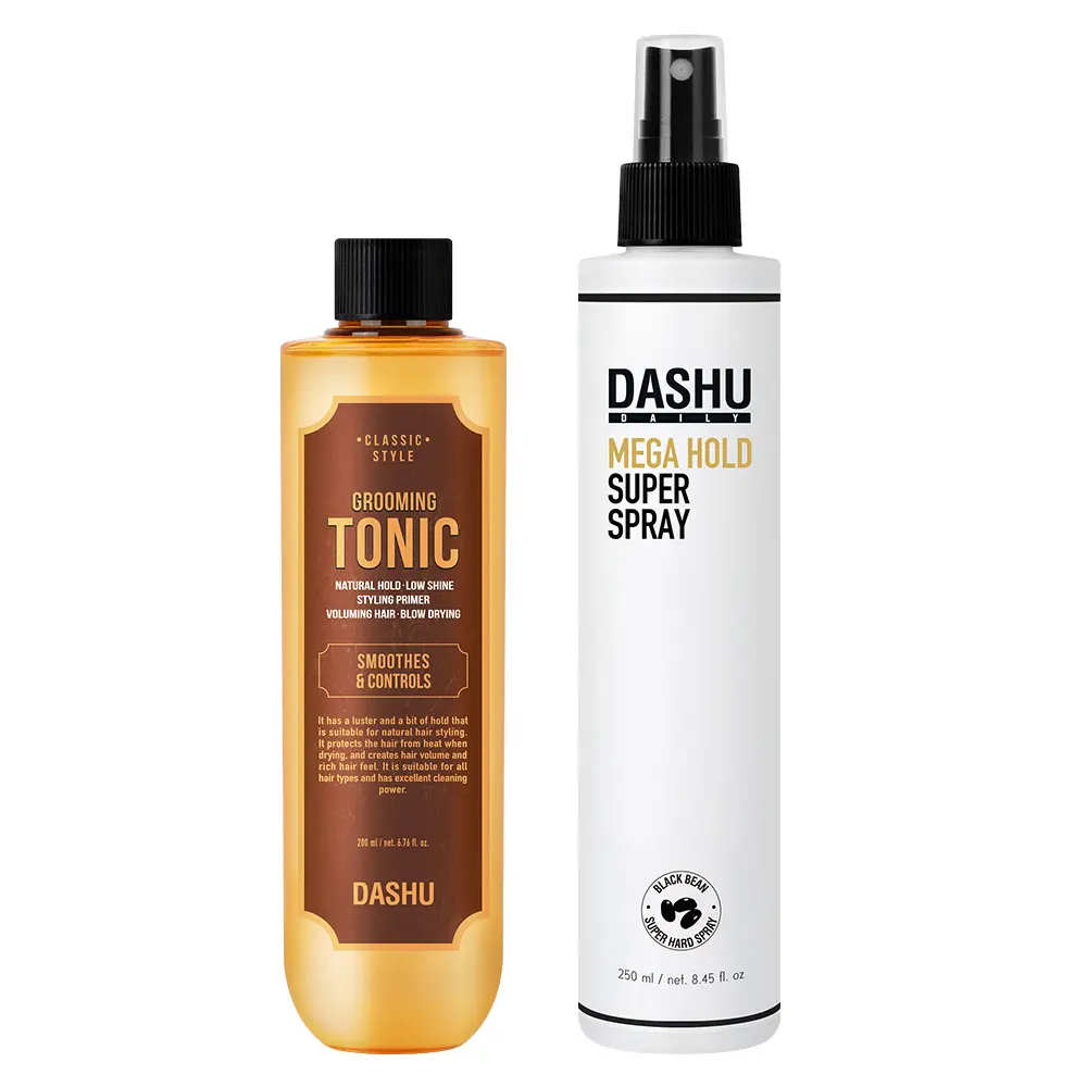 DASHU Hair Styling for Men & Women – Mega Hold Super Hair Spray 8.45oz + Classic Grooming Tonic 6.76oz, Korean Strong Hold Hairspray with Black Bean + Baobab Oil Hair Tonic Set