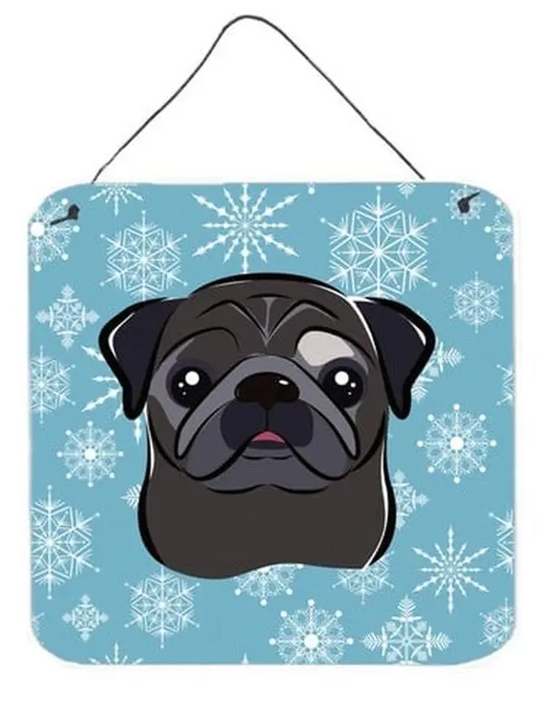 Aluminium Artist Snowflake Black Pug Hanging Prints, Rust-Resistant Indoor/Outdoor Wall/Door Decor for Home Rooms, Room Decor