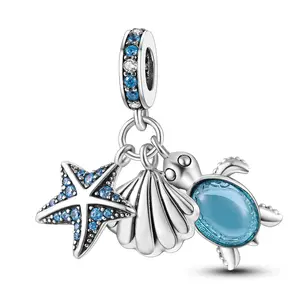 MULA 925 silver-plated ocean themed charm | Scallop, starfish and turtle beads with blue zircon | Summer beach jewelry | Fits Pandora bracelets and necklaces | Perfect gift for ocean lovers