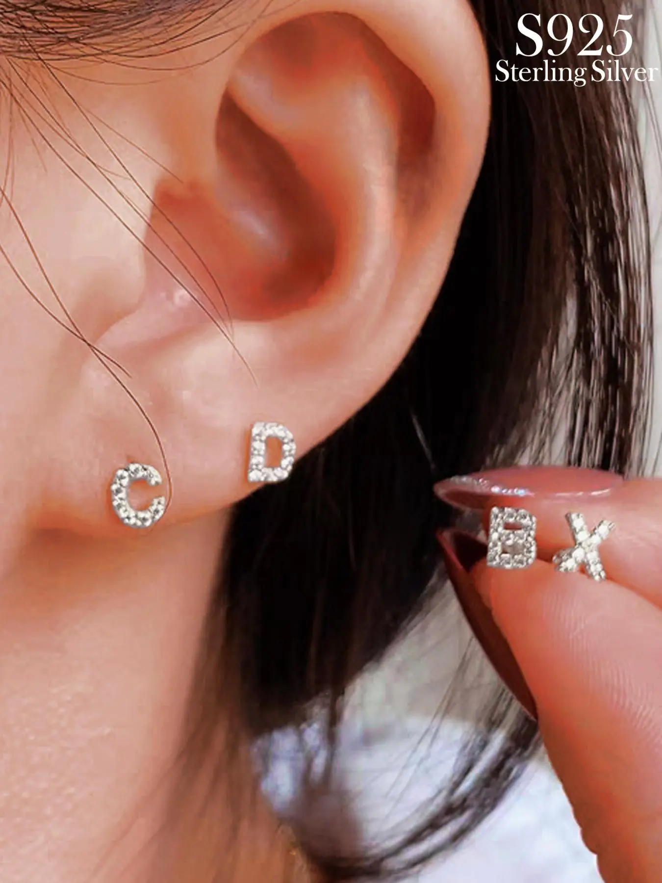 925 Sterling Silver Fashion Alphabet Design Stud Earrings, Rhinestone Decor Earrings, Trendy Exquisite Ear Jewelry for Women, Daily Clothing Decor, Studs Earrings, High Quality Earrings, Pretty Studs, Sparkling Ear Jewelry