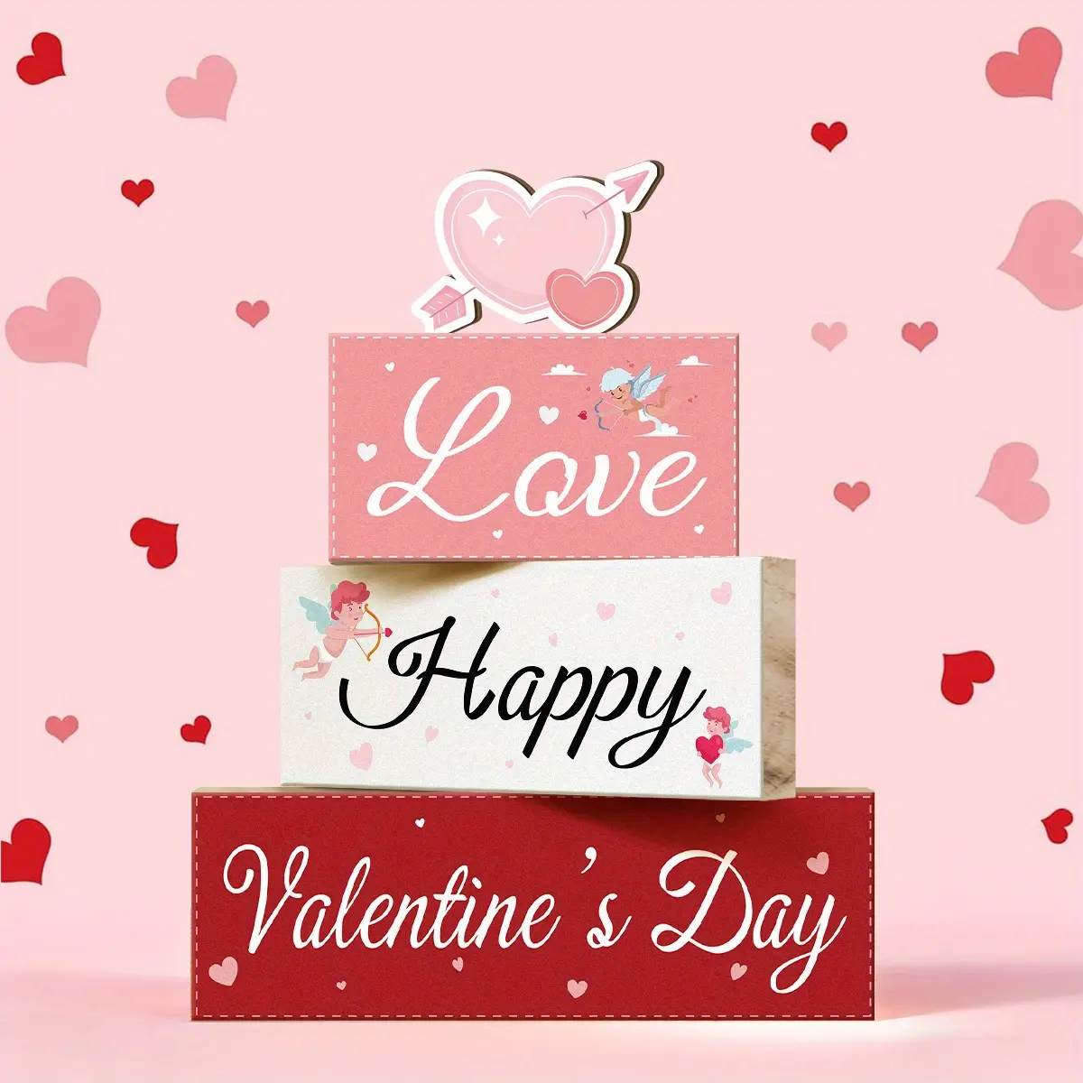4 Pcs Valentine Decorative Sign & Plaque Happy Valentine Day Wooden Blocks with Hearts, Table Centerpiece, Tiered Tray Decor & Decorative Stacked Blocks for Coffee Table, Fireplace Mantel, Floating Shelf