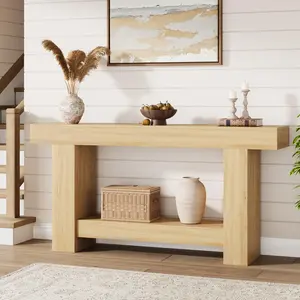 63-inch long console table, farmhouse-style wooden sofa back table, double-layer entryway/sofa table with storage space, suitable for living room and hallway.