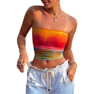 Y2k Tube Tops Women Sexy Strapless Sleeveless Vintage Floral Print Crop Tank Aesthetic Backless Going Out Bandeau Womenswear Bras A-Orange Basic Minimalist